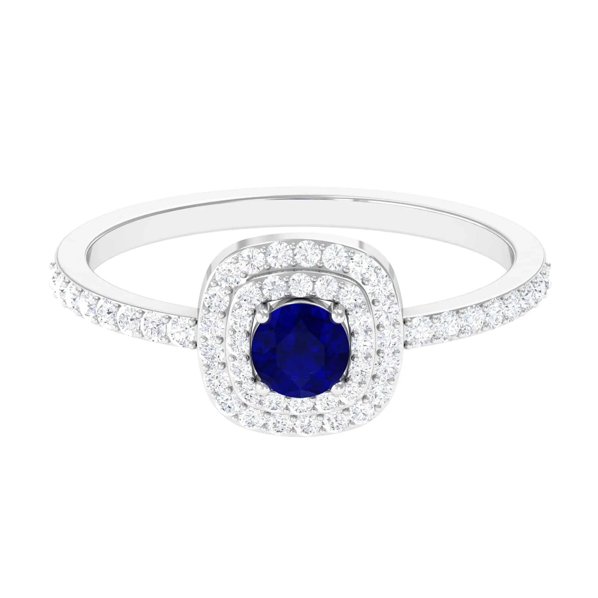 3/4 CT Classic Blue Sapphire Double Halo Engagement Ring with Diamond