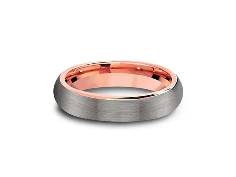 6MM BRUSHED GRAY Tungsten Wedding Band DOME AND ROSE GOLD INTERIOR