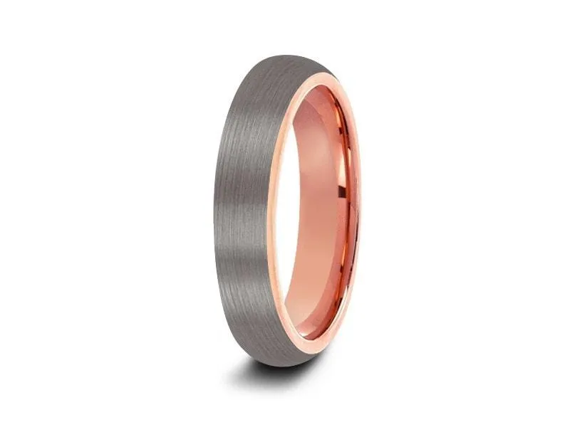 6MM BRUSHED GRAY Tungsten Wedding Band DOME AND ROSE GOLD INTERIOR