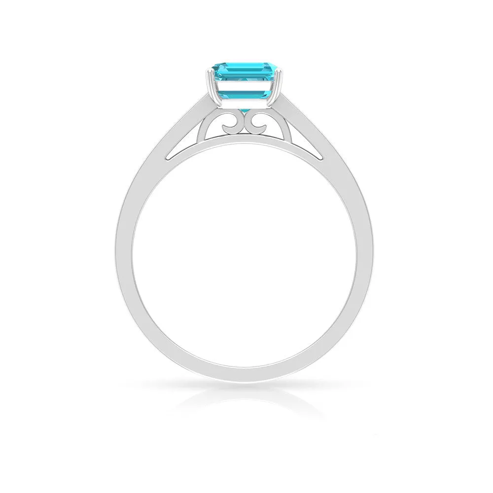 6X8 MM Emerald Cut Shaped Swiss Blue Topaz Solitaire with Diamond Side Stone Ring