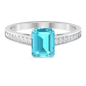 6X8 MM Emerald Cut Shaped Swiss Blue Topaz Solitaire with Diamond Side Stone Ring