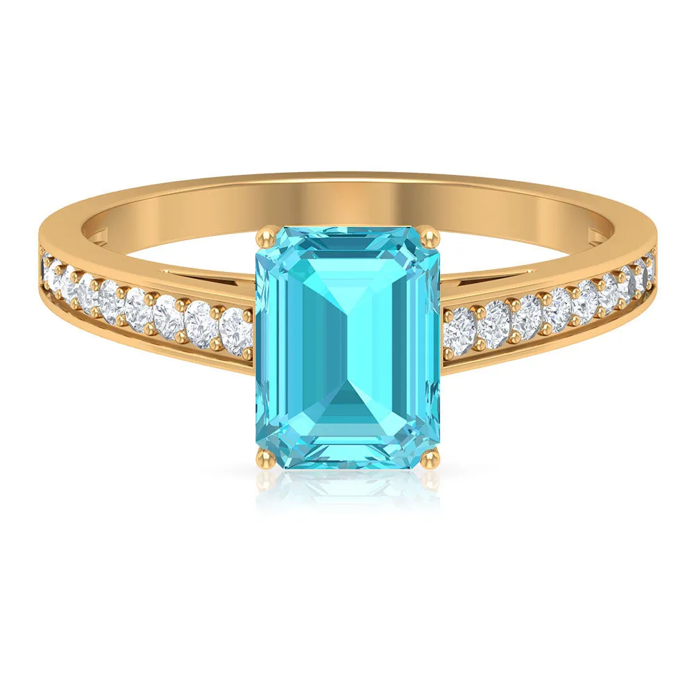 6X8 MM Emerald Cut Shaped Swiss Blue Topaz Solitaire with Diamond Side Stone Ring