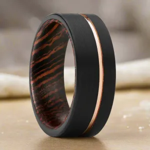 AEON | Wenge Wood, Black Tungsten Ring, Rose Gold Offset Groove, Brushed, Flat