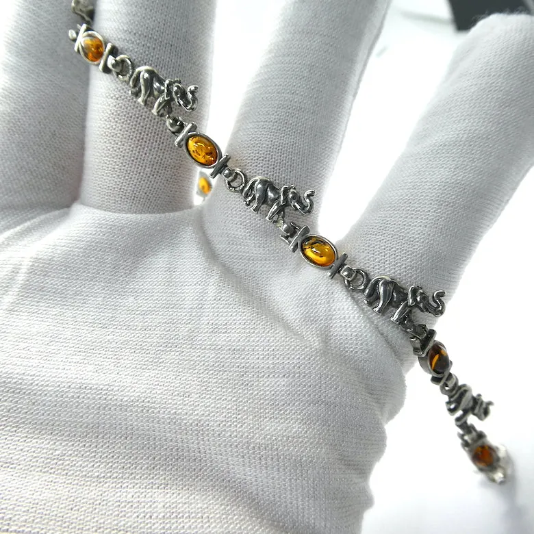 Amber Bracelet, Small Ovals with Elephants,  925 Sterling Silver