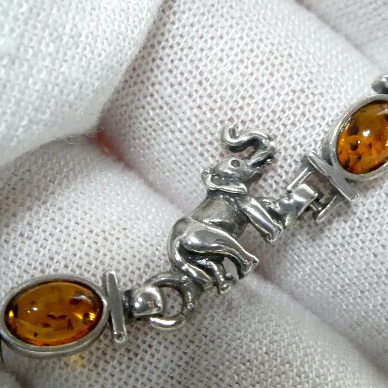 Amber Bracelet, Small Ovals with Elephants,  925 Sterling Silver