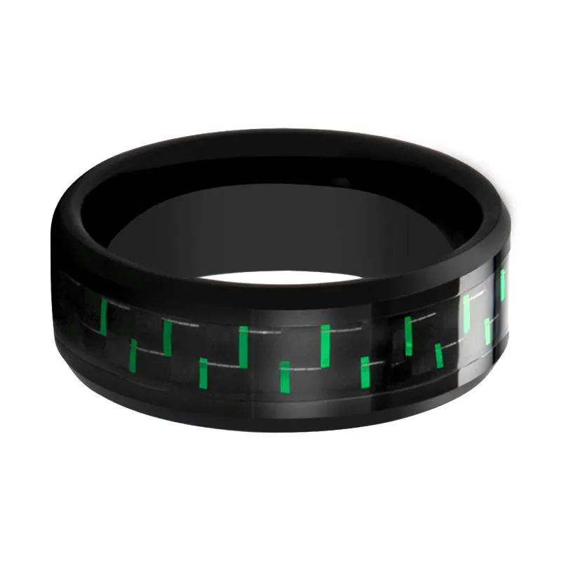 AMELL | Black Ceramic Ring, Black and Green Carbon Fiber Inlay, Beveled