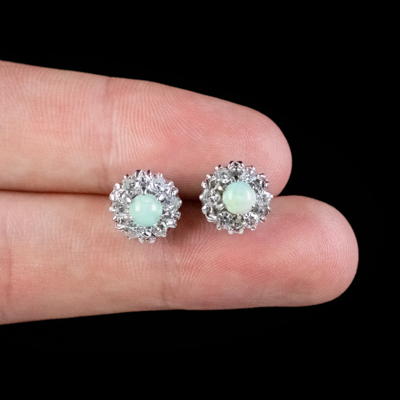 Antique Edwardian Opal Diamond Cluster Stud Earrings 9ct Gold 0.30ct Opals 0.60ct Of Diamond