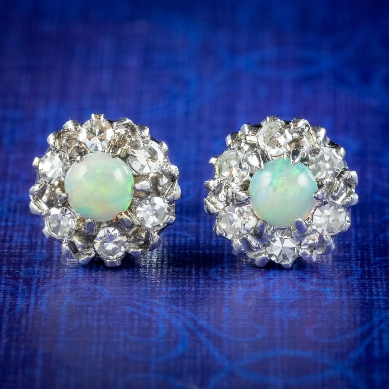 Antique Edwardian Opal Diamond Cluster Stud Earrings 9ct Gold 0.30ct Opals 0.60ct Of Diamond