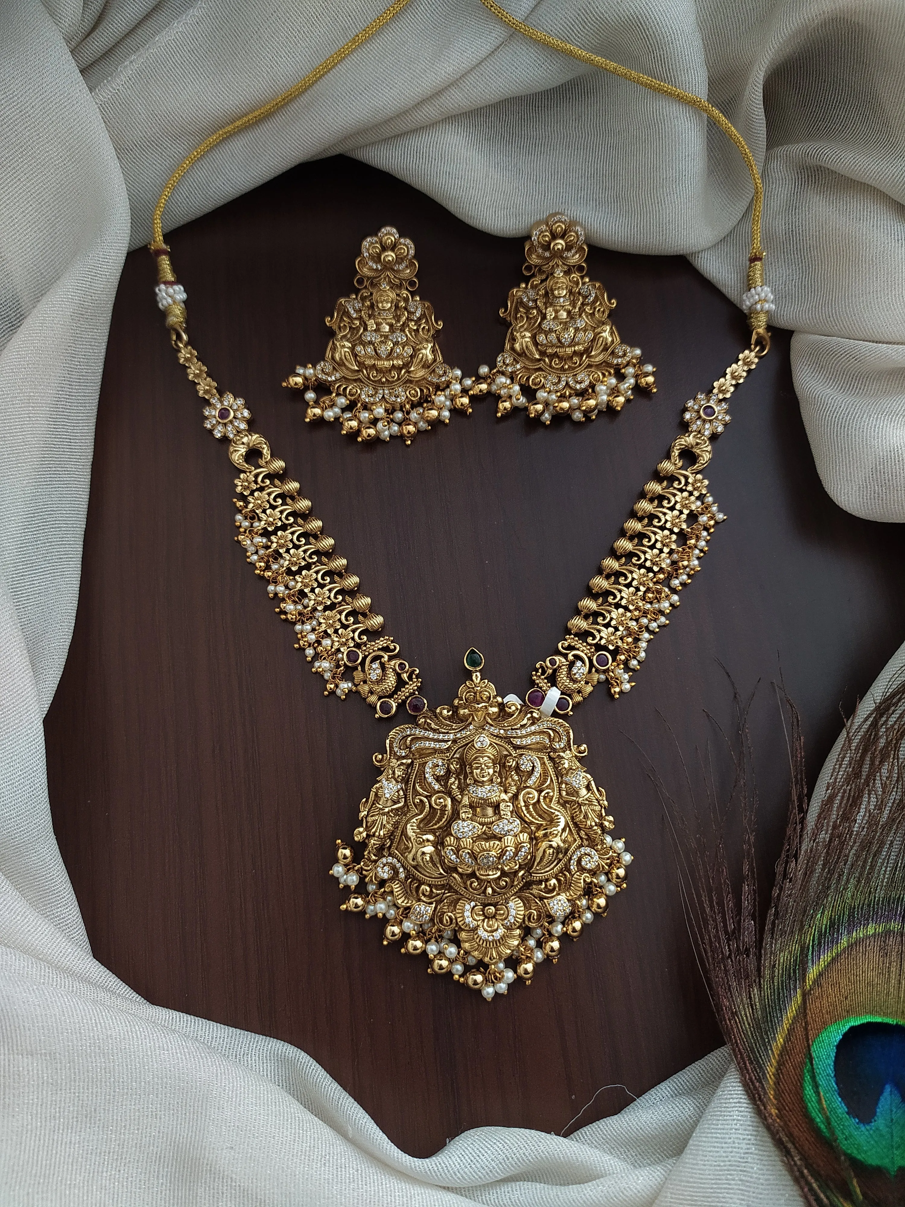 Antique Necklace Set with Peacock and Lakshmi Motif, Floral Design