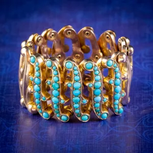 Antique Victorian Expandable Turquoise Slave Bangle 15ct Gold Circa 1900