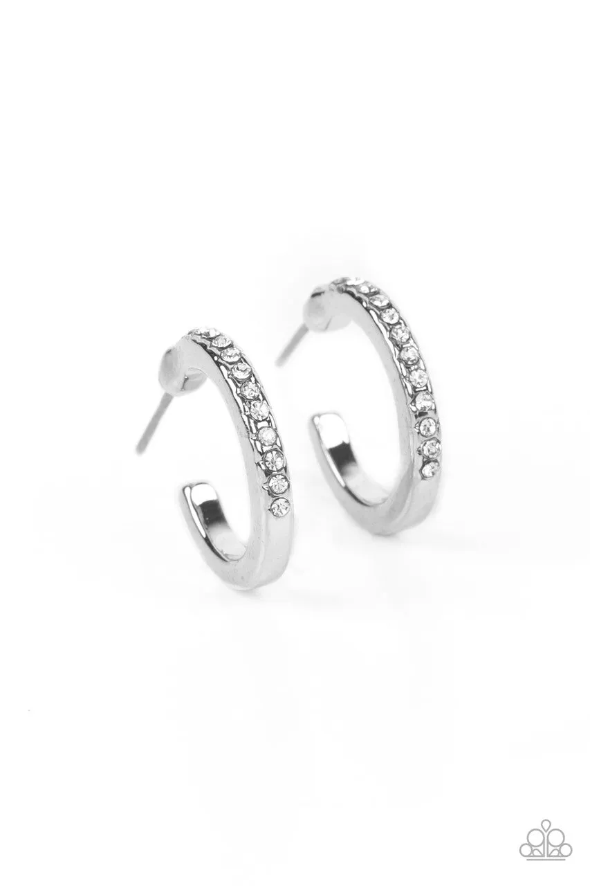 Audaciously Angelic - White - Rhinestone Silver Paparazzi Tiny Hoop Earrings