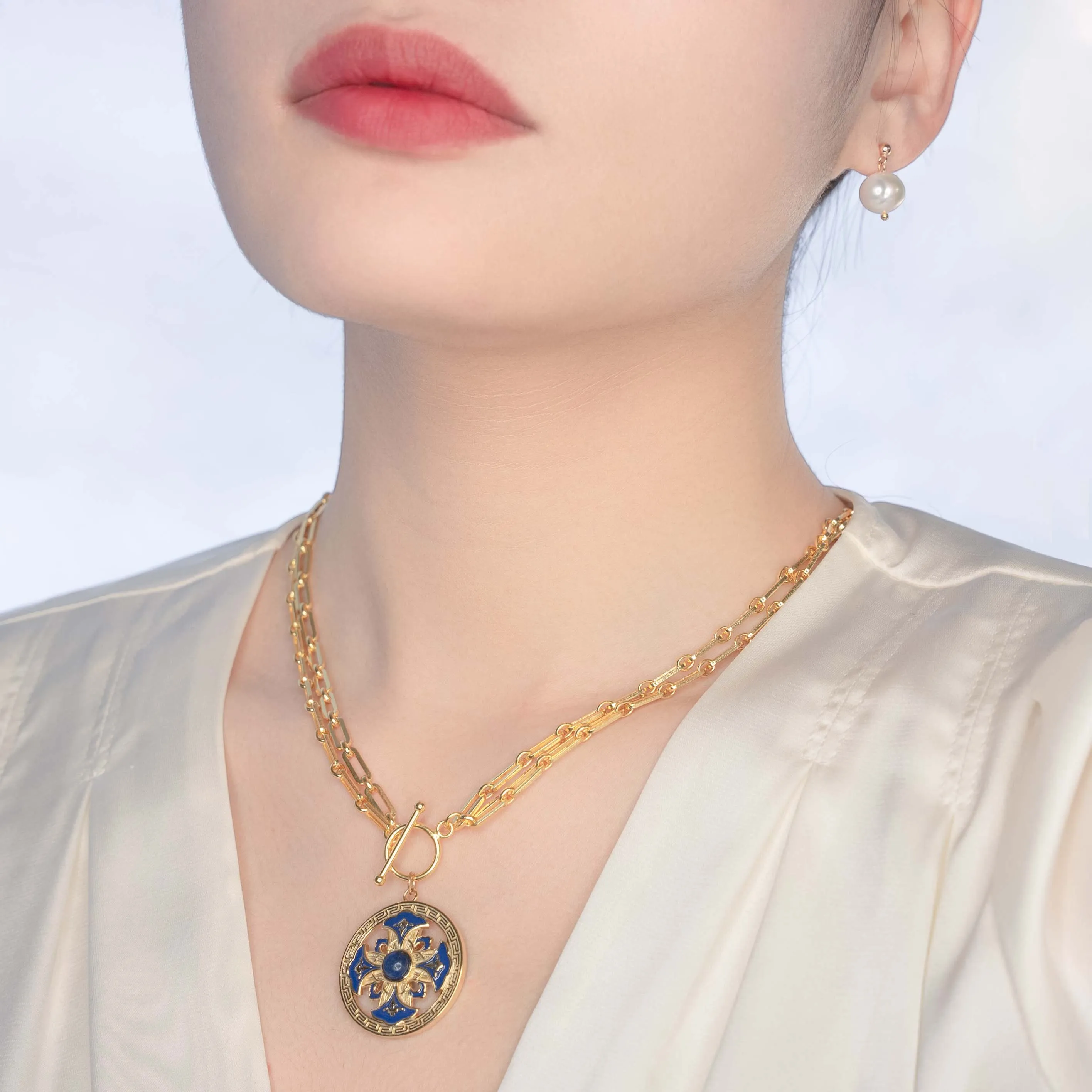 Auspicious Flower Enamel Pendant Necklace Gold