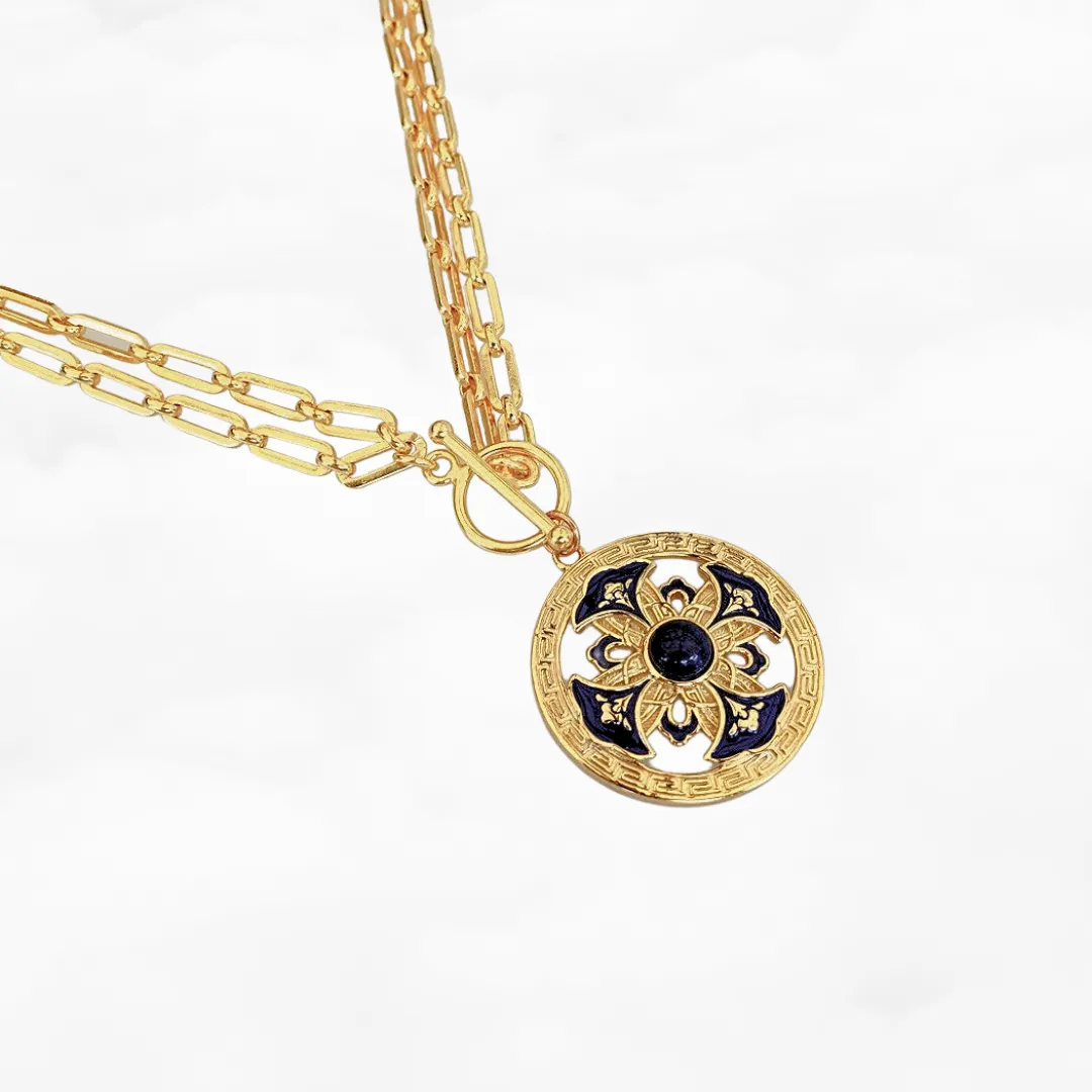 Auspicious Flower Enamel Pendant Necklace Gold