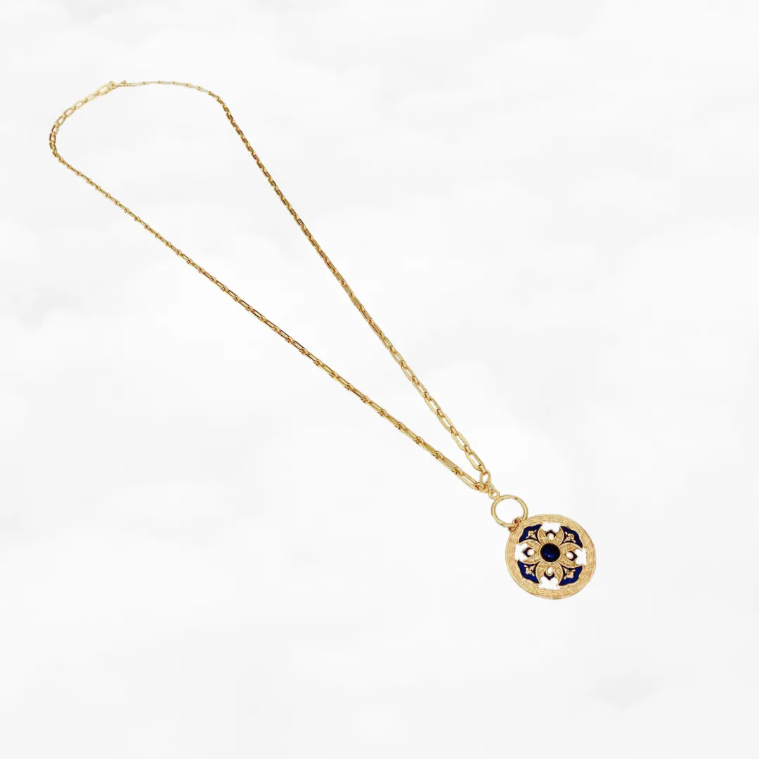 Auspicious Flower Enamel Pendant Necklace Gold