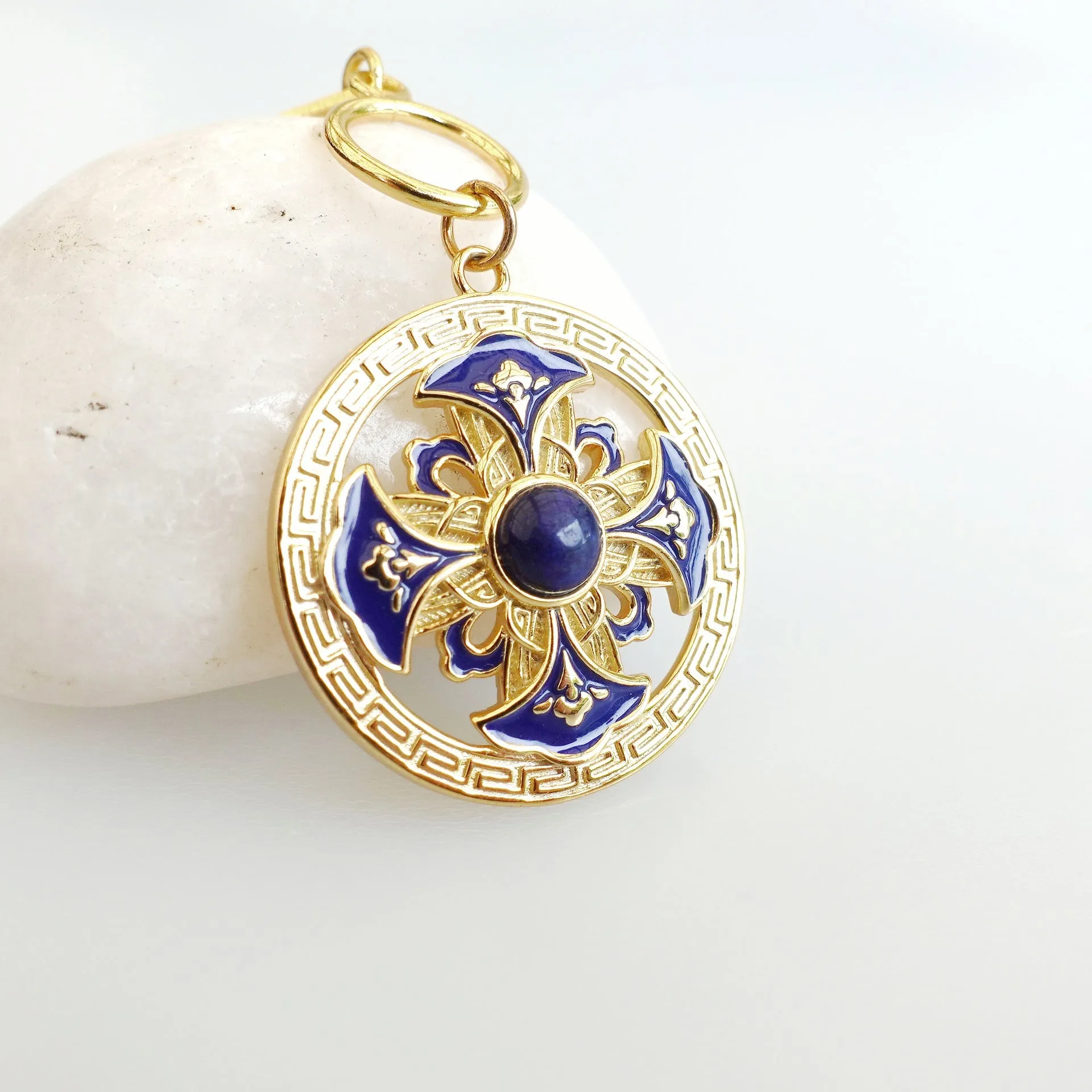 Auspicious Flower Enamel Pendant Necklace Gold