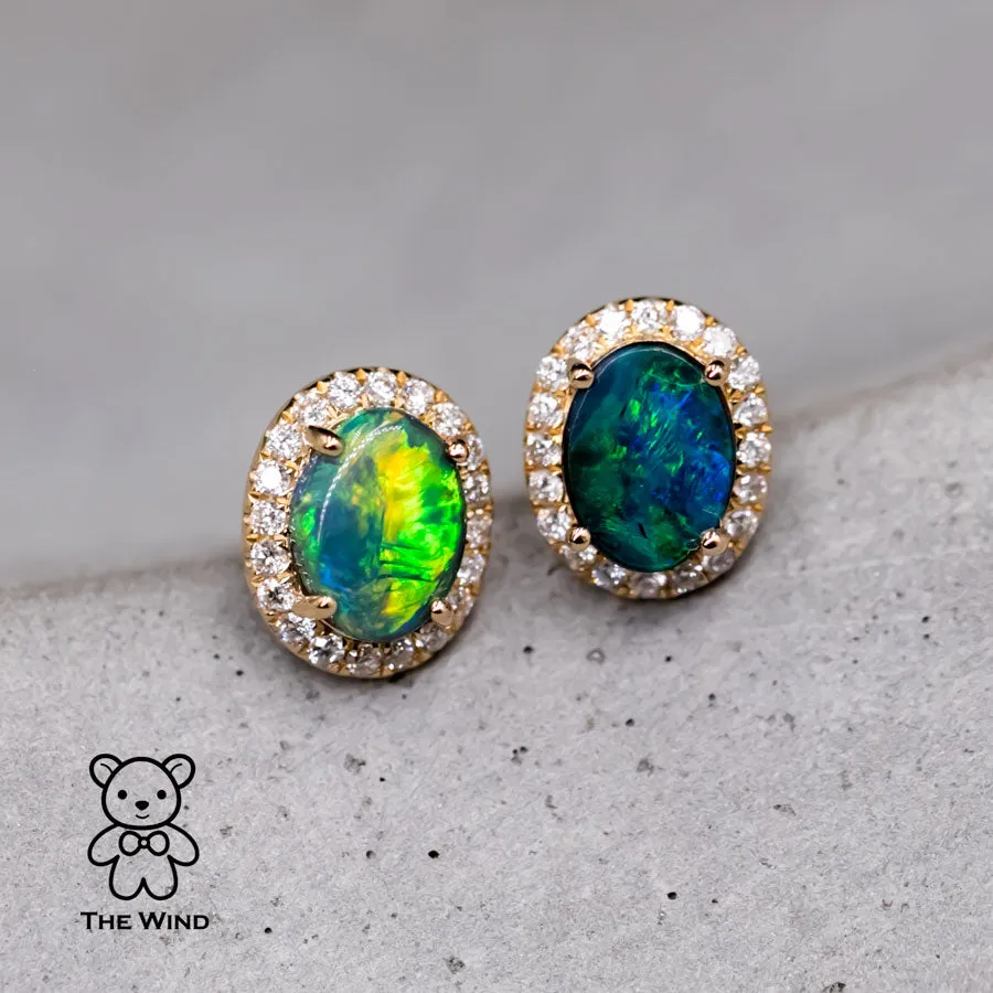 Australian Black & Boulder Opal Halo Diamond Stud Earrings 18k Yellow Gold