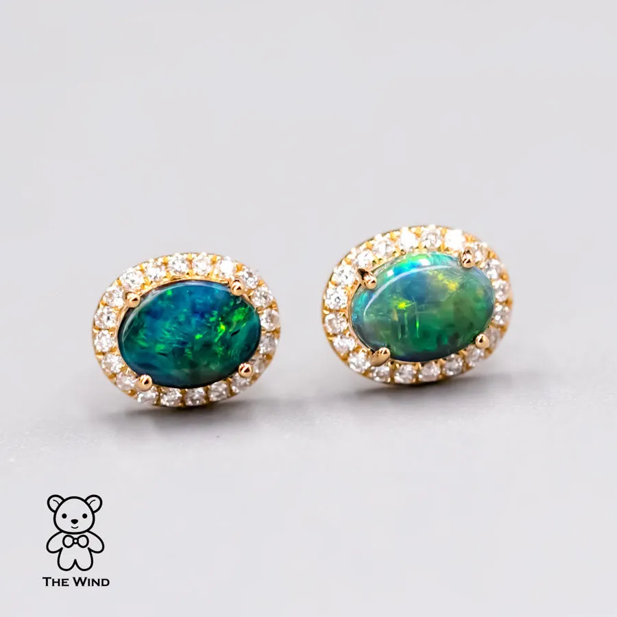 Australian Black & Boulder Opal Halo Diamond Stud Earrings 18k Yellow Gold