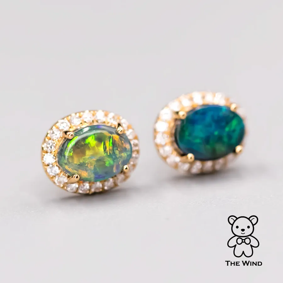 Australian Black & Boulder Opal Halo Diamond Stud Earrings 18k Yellow Gold