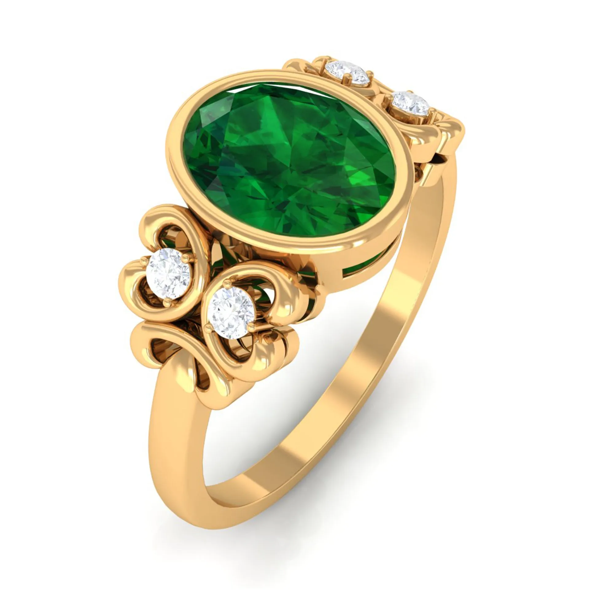 Bezel Set Oval Created Emerald Statement Engagement Ring with Diamond