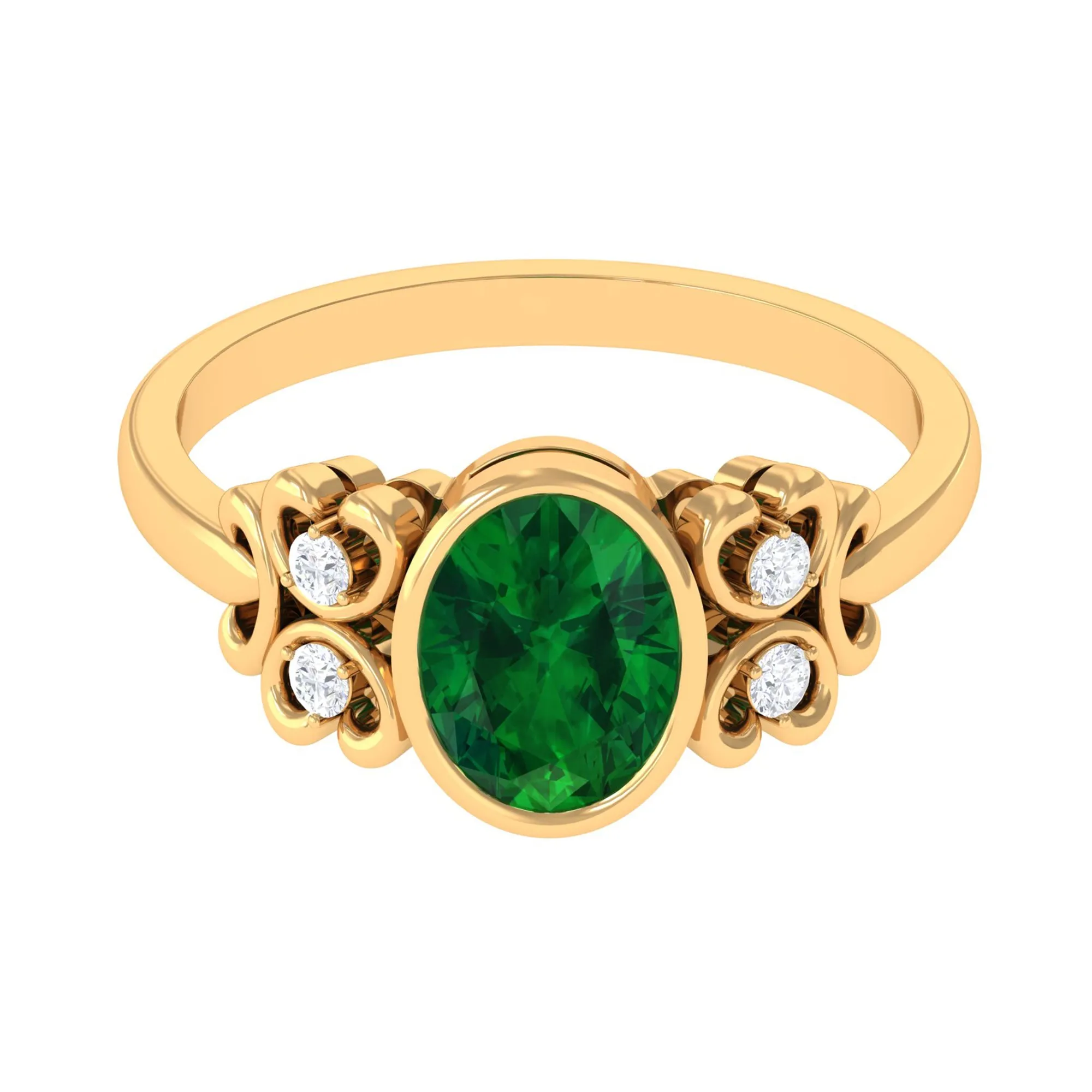 Bezel Set Oval Created Emerald Statement Engagement Ring with Diamond