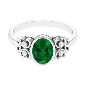 Bezel Set Oval Created Emerald Statement Engagement Ring with Diamond