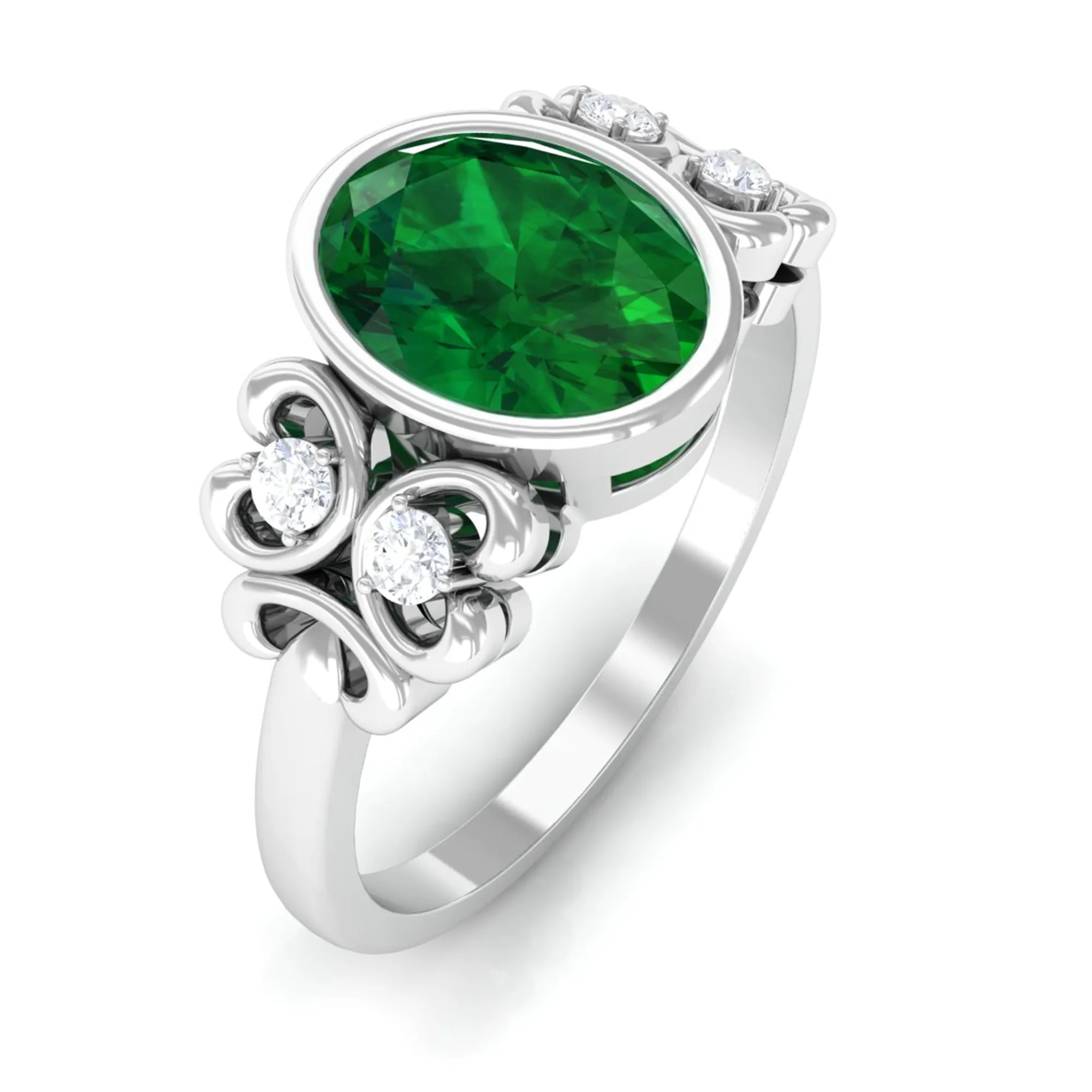 Bezel Set Oval Created Emerald Statement Engagement Ring with Diamond