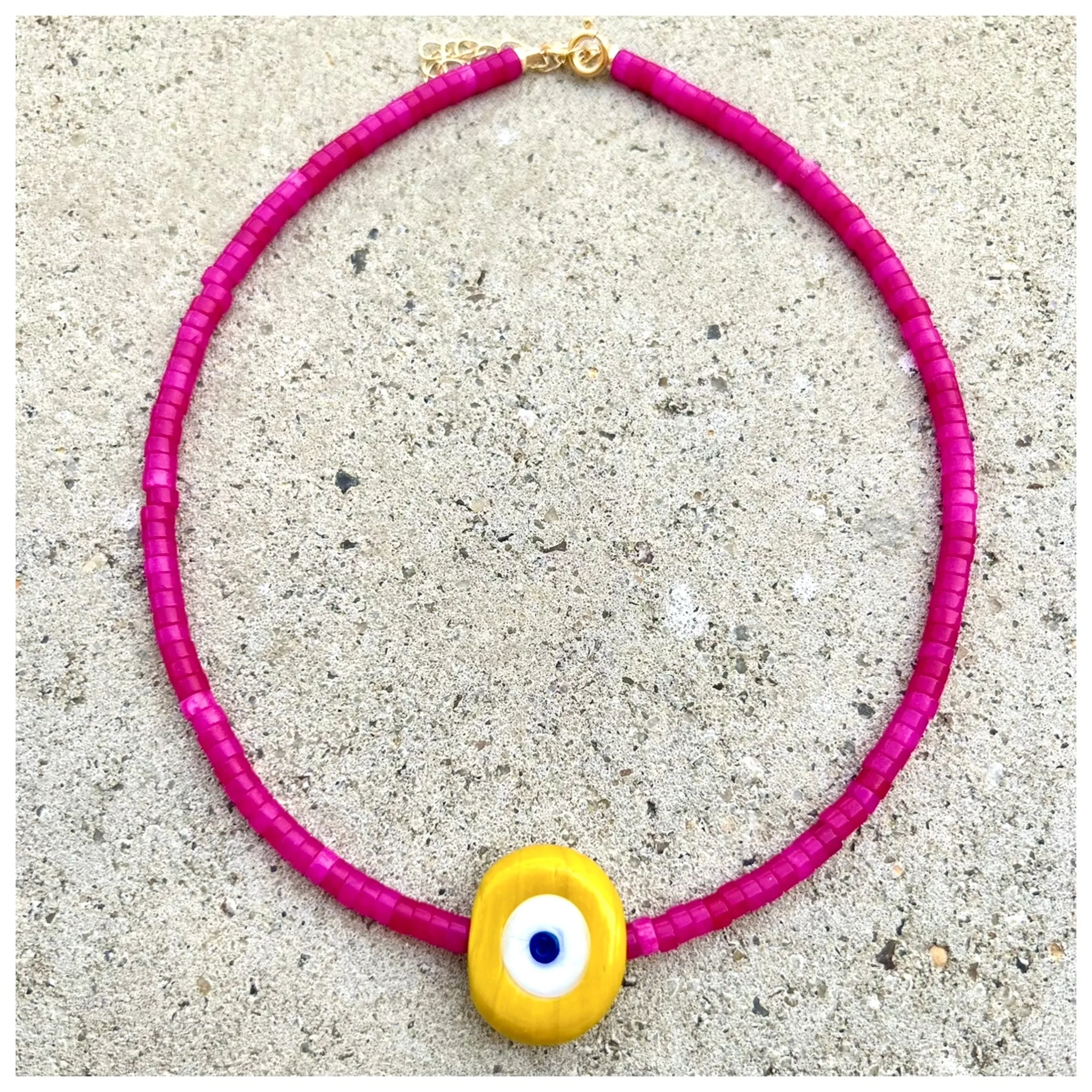 Biggie Yellow Nazar Pink Agate Heishi Necklace