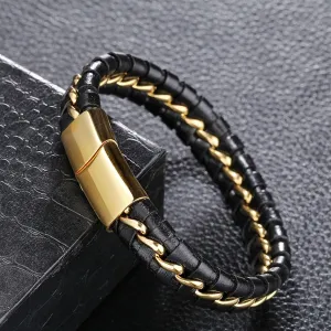 Black Braided Leather Gold Stainless Steel Bracelet For Men