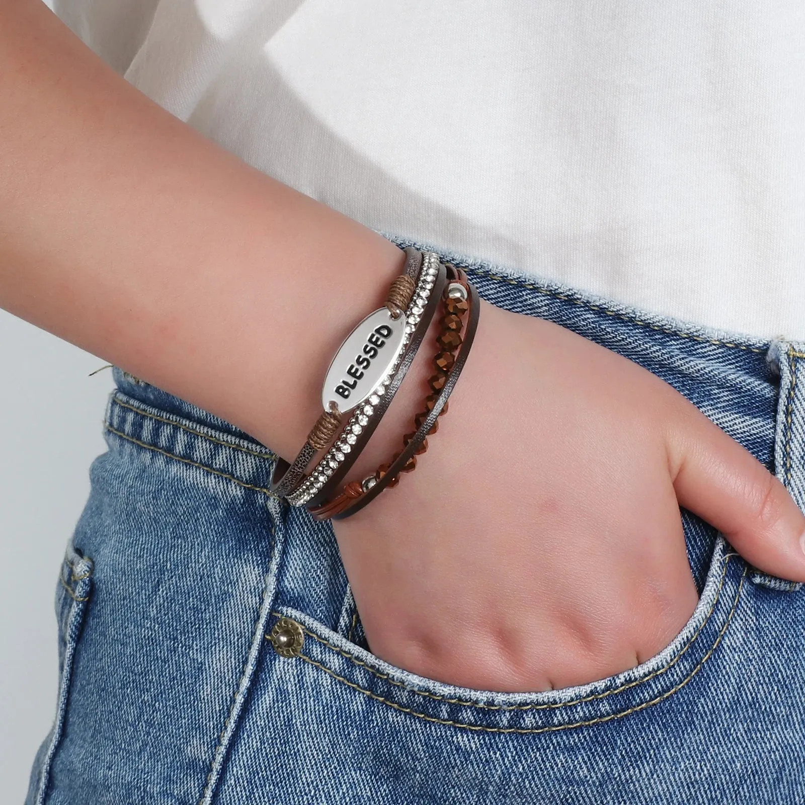 'Blessed' Charm Cuff Bracelet - brown