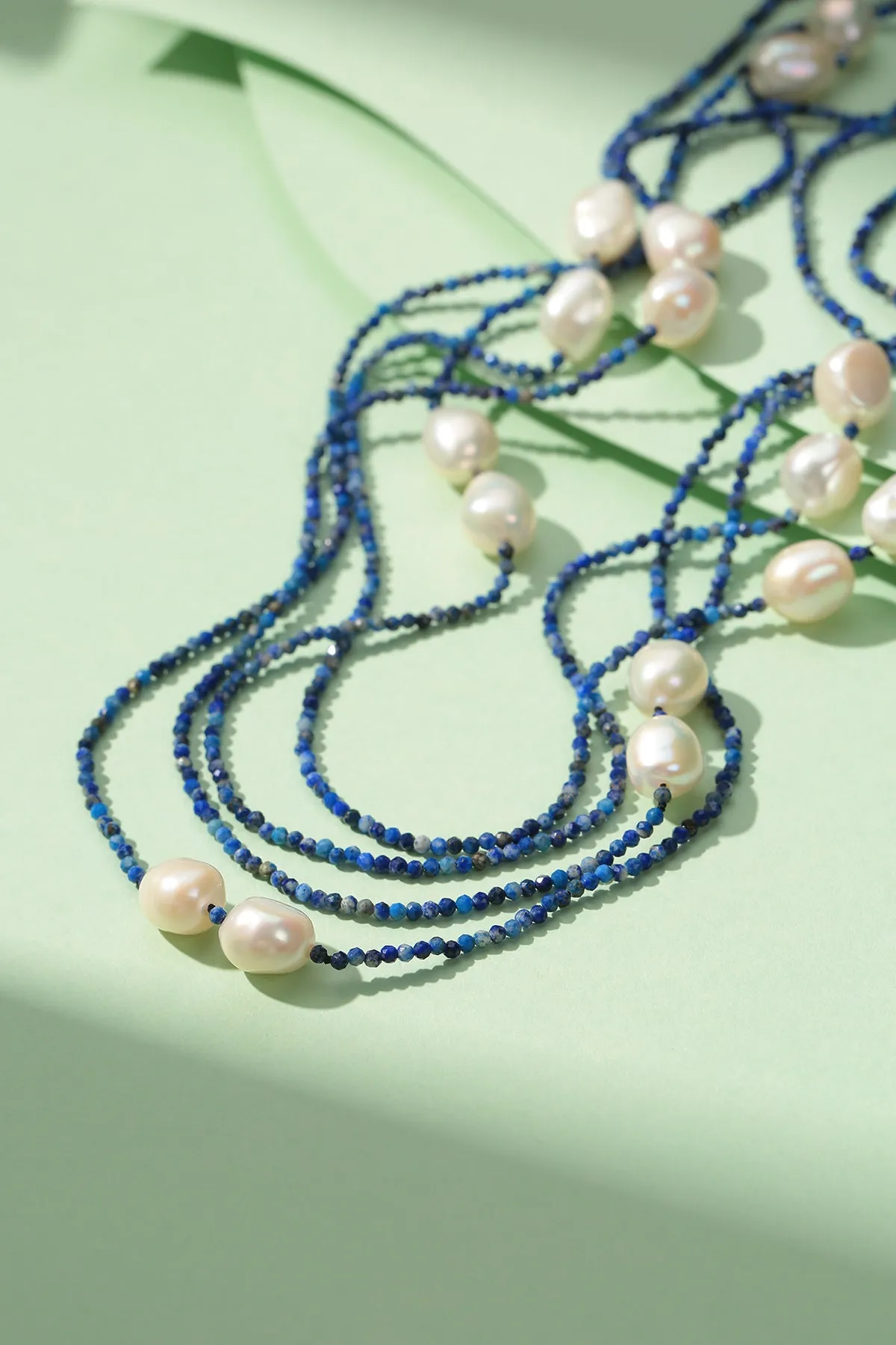 Blue Lapis Beaded Baroque Pearls Long Necklace