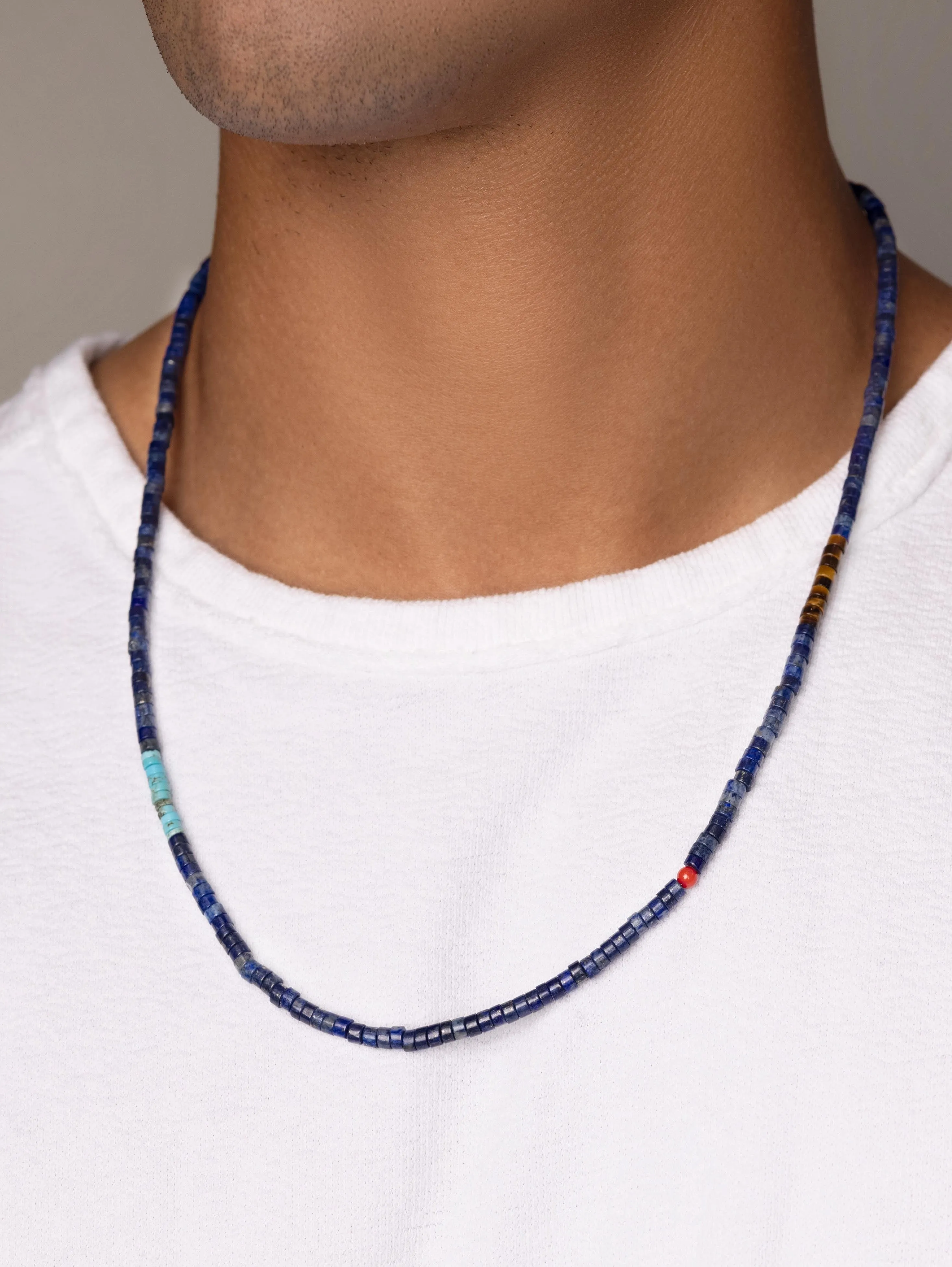 Blue Lapis Heishi Necklace with Tiger Eye and Turquoise