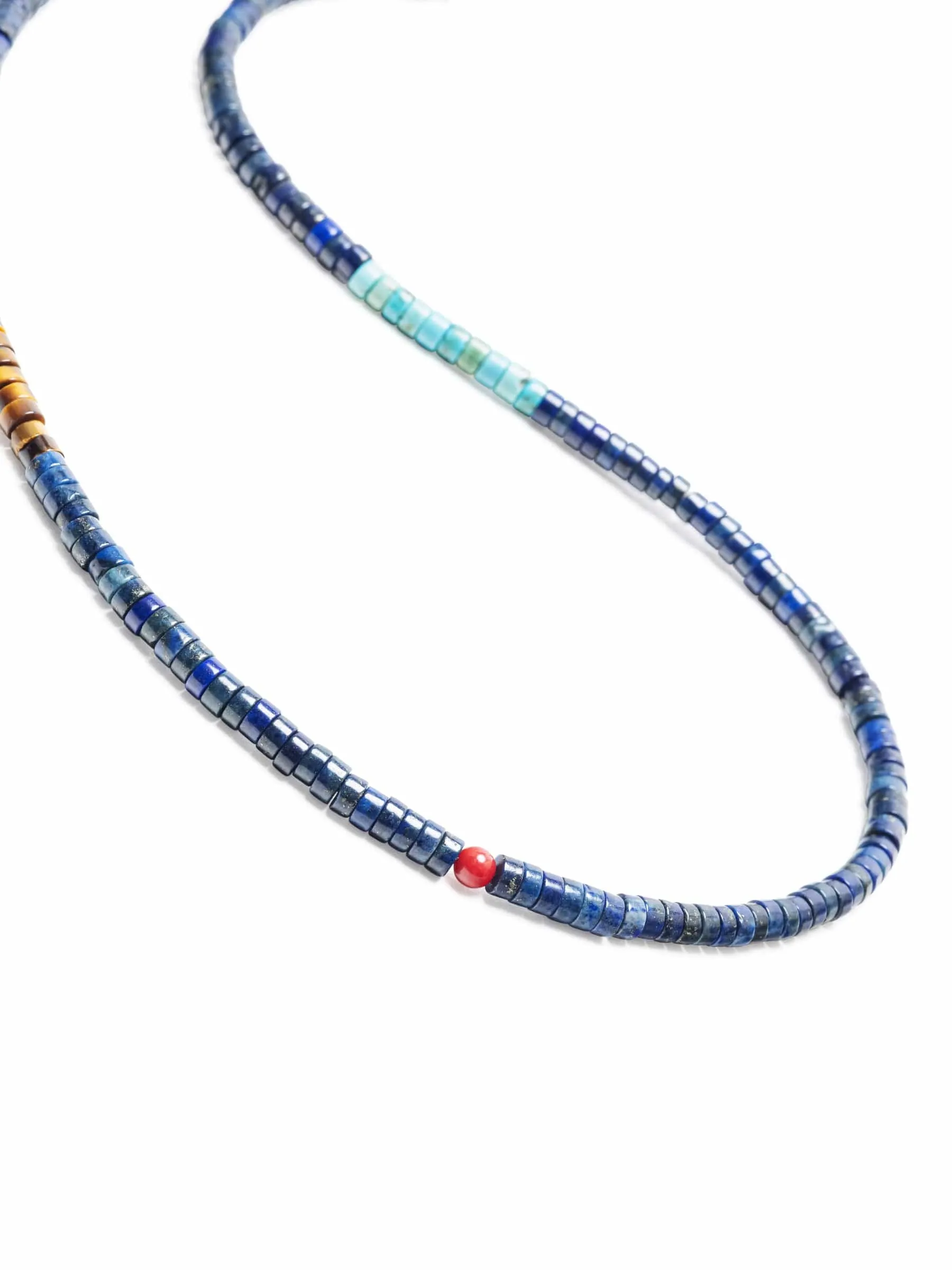 Blue Lapis Heishi Necklace with Tiger Eye and Turquoise