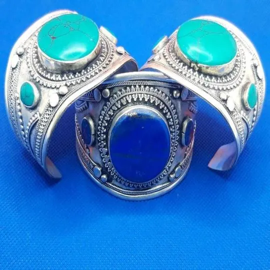 Boho Kuchi Cuff Bracelet With Round Shaped Stones