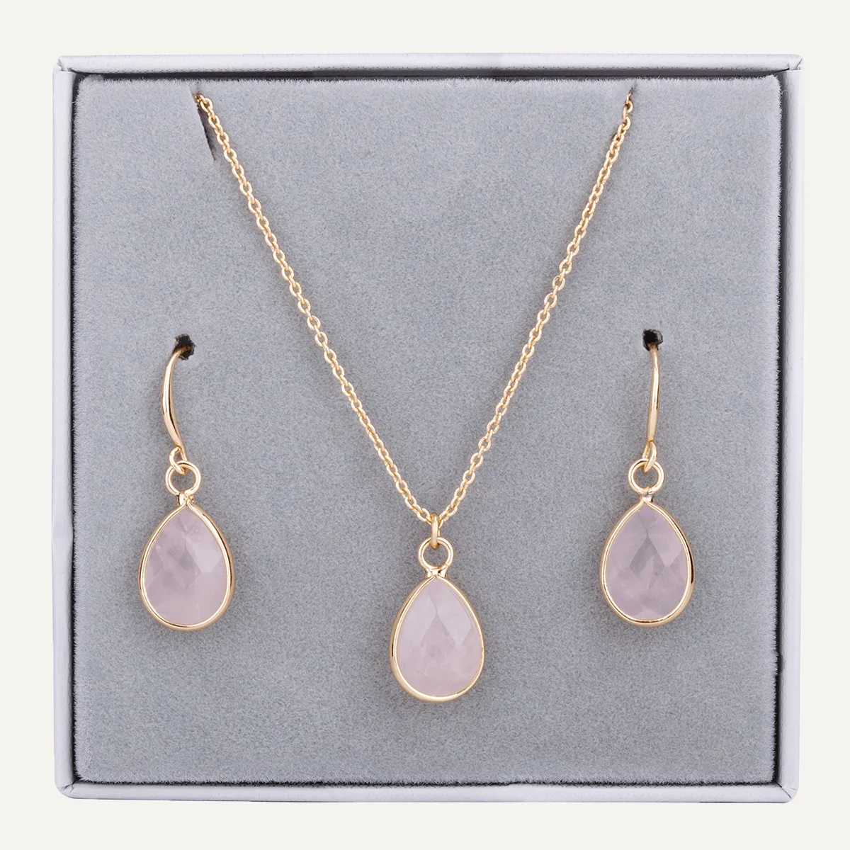 Boxed Semi-Precious Stone Set In Gold-Tone & Rose Quartz