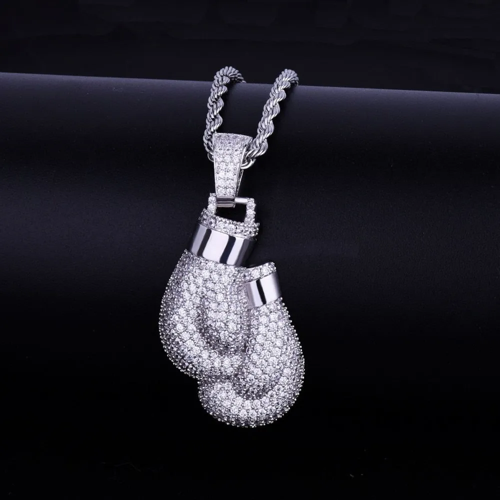 Boxing Gloves Pendant Necklace &amp; Pendant Gold Color Iced Cubic Zircon Men&#39;s Hip Hop Jewelry