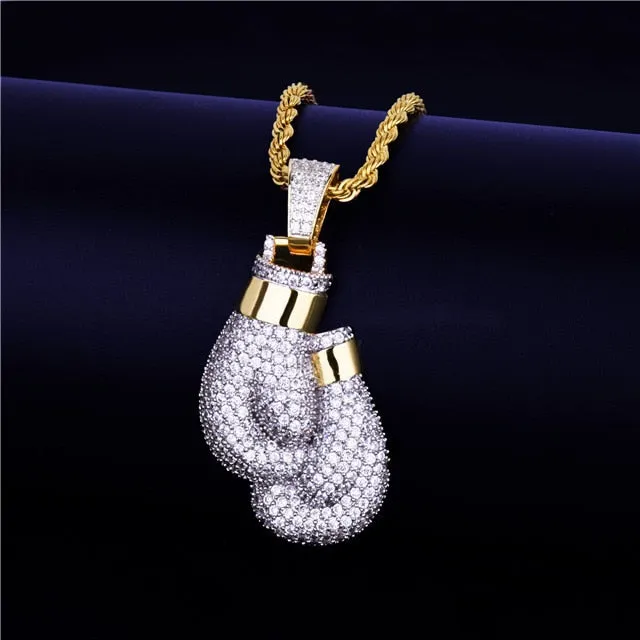 Boxing Gloves Pendant Necklace &amp; Pendant Gold Color Iced Cubic Zircon Men&#39;s Hip Hop Jewelry