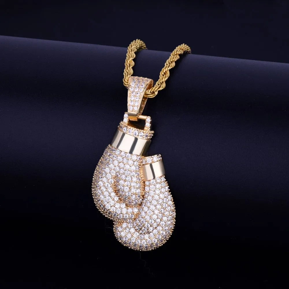 Boxing Gloves Pendant Necklace &amp; Pendant Gold Color Iced Cubic Zircon Men&#39;s Hip Hop Jewelry