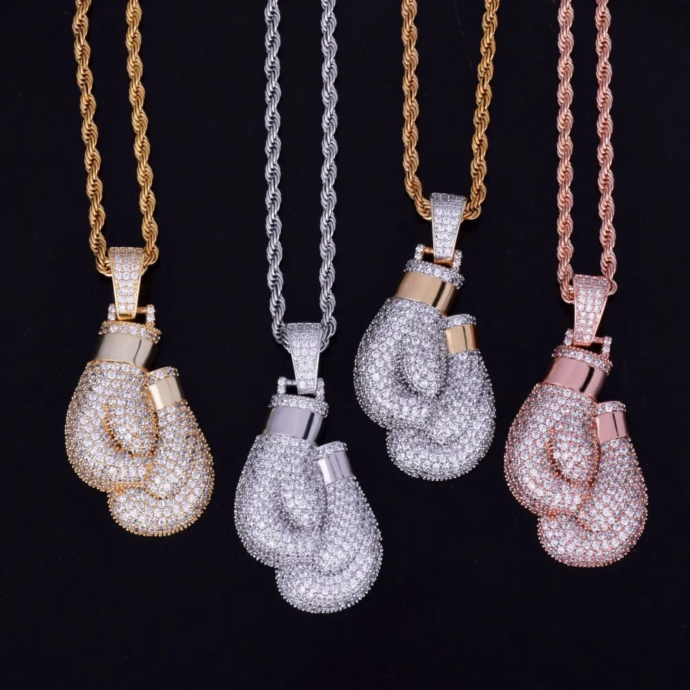 Boxing Gloves Pendant Necklace &amp; Pendant Gold Color Iced Cubic Zircon Men&#39;s Hip Hop Jewelry