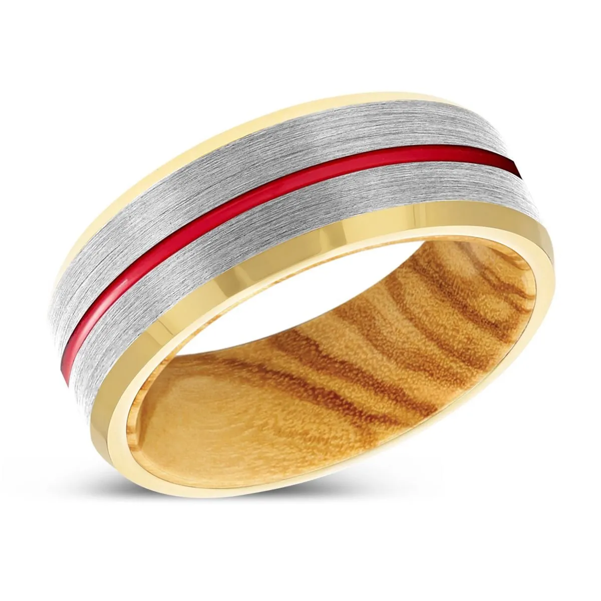 BRASH | Olive Wood, Silver Tungsten Ring, Red Groove, Gold Beveled Edge