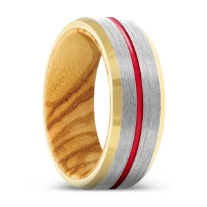 BRASH | Olive Wood, Silver Tungsten Ring, Red Groove, Gold Beveled Edge