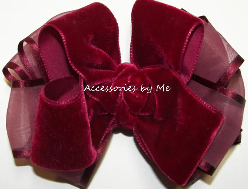 Burgundy Wine Velvet Organza Hair Bow