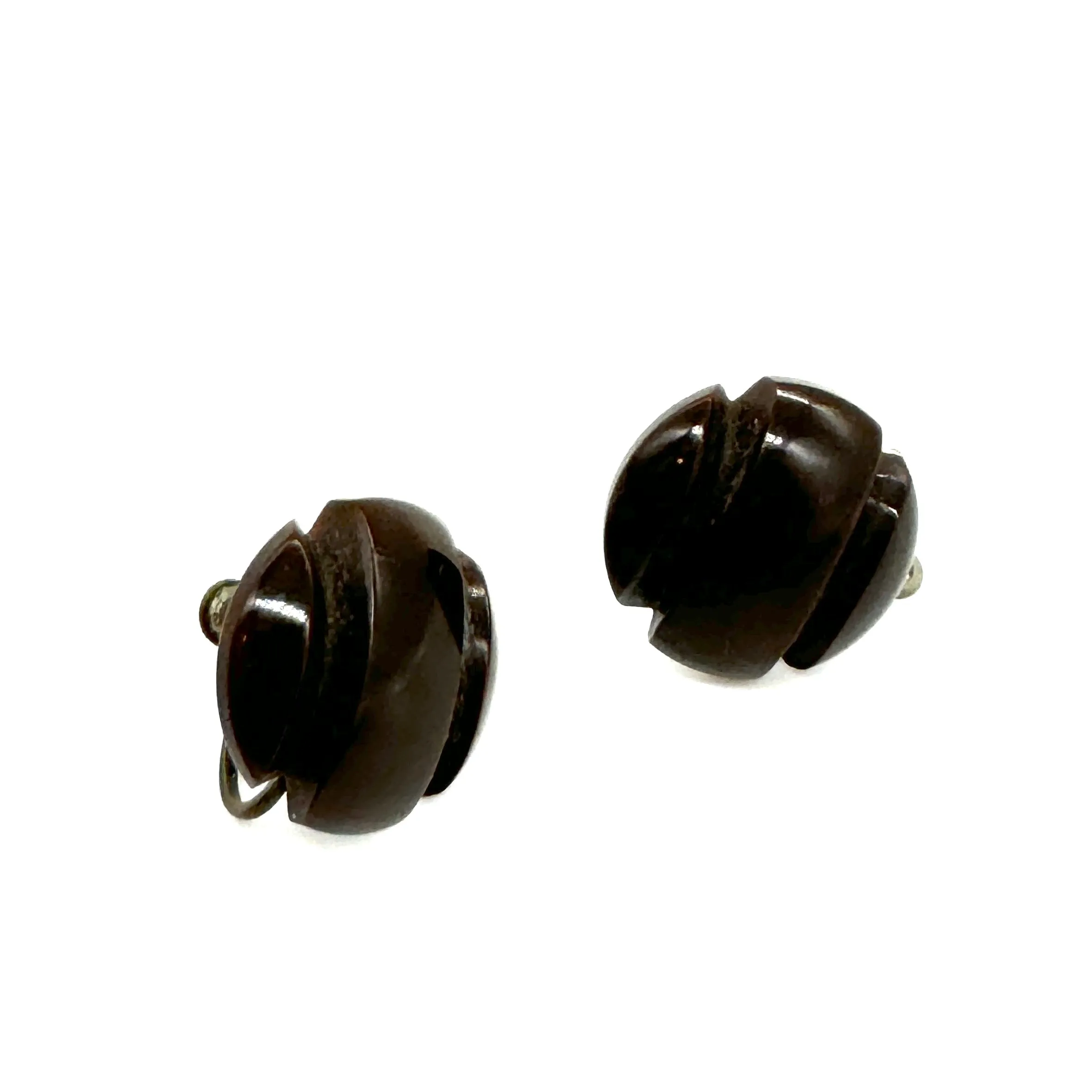 Carved Chocolate Bakelite Screw Back Earrings - Estate