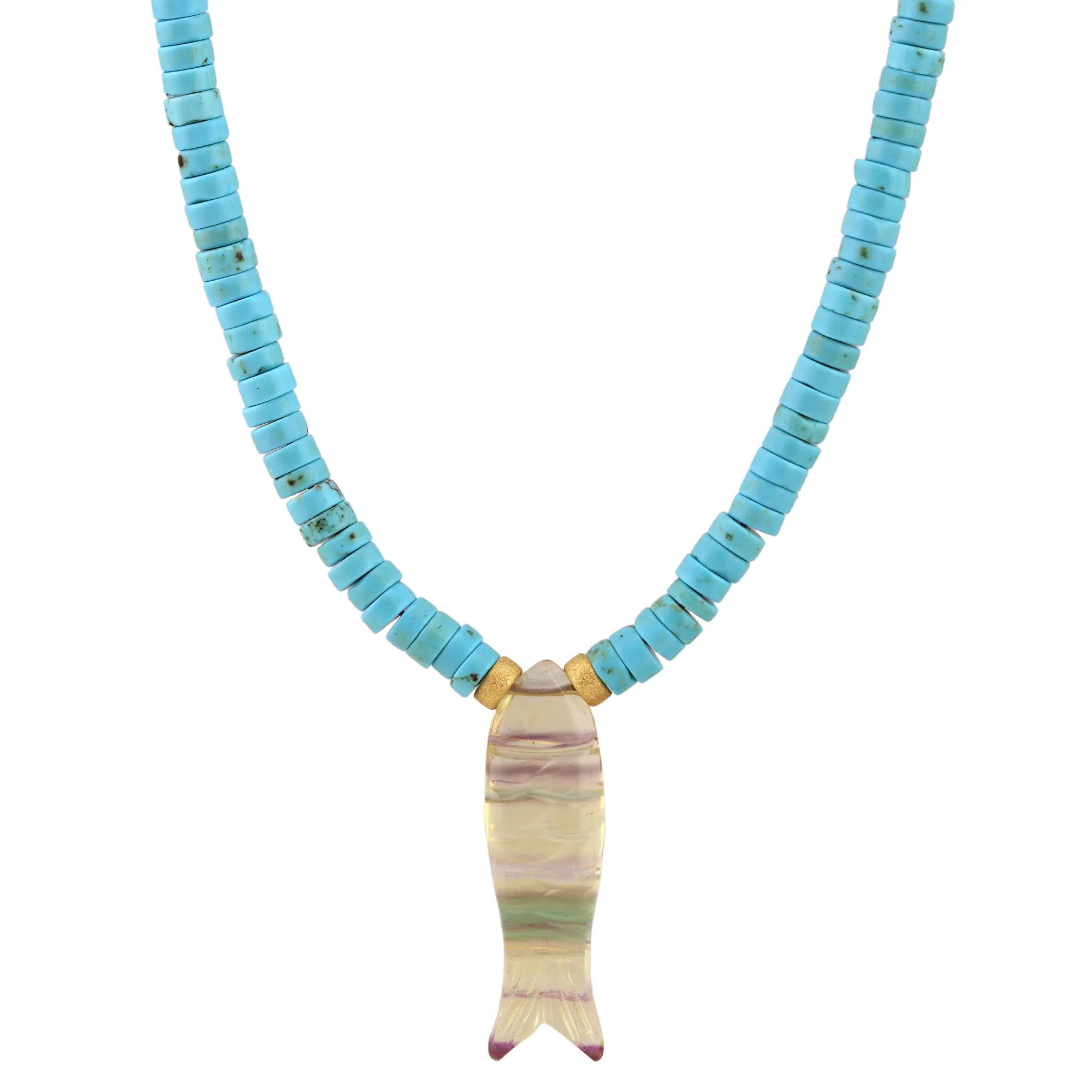 Carved Fluorite Gemstone Sardine Fish on Turquoise Beaded Necklace