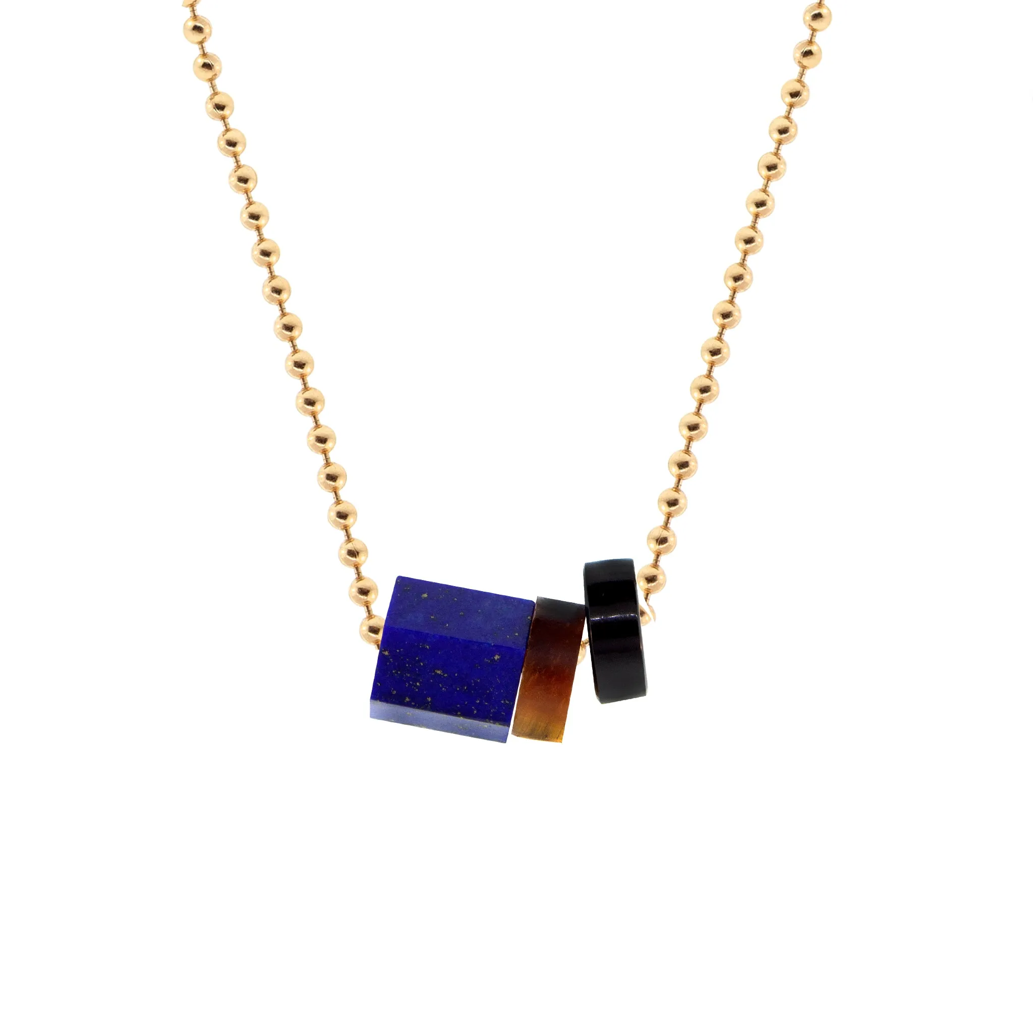 Carved Gemstone On Gold Ball Chain Necklace- Lapis