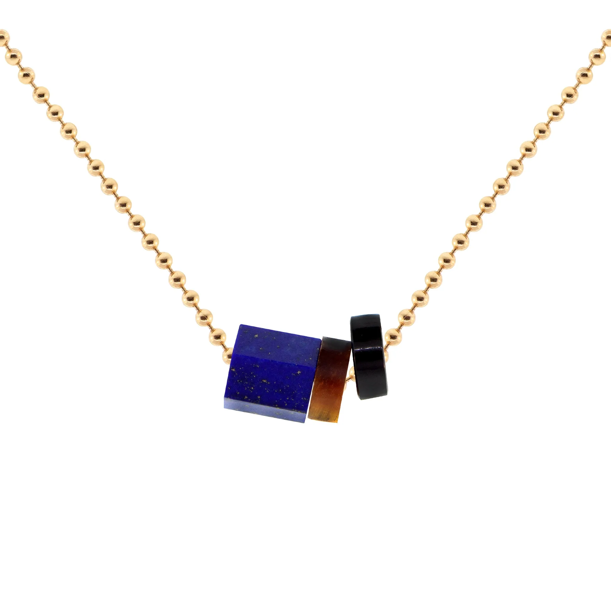 Carved Gemstone On Gold Ball Chain Necklace- Lapis