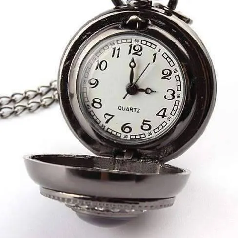 Cat's Eye Gunmetal Vintage Style Mirror Pocket Watch Necklace For Woman