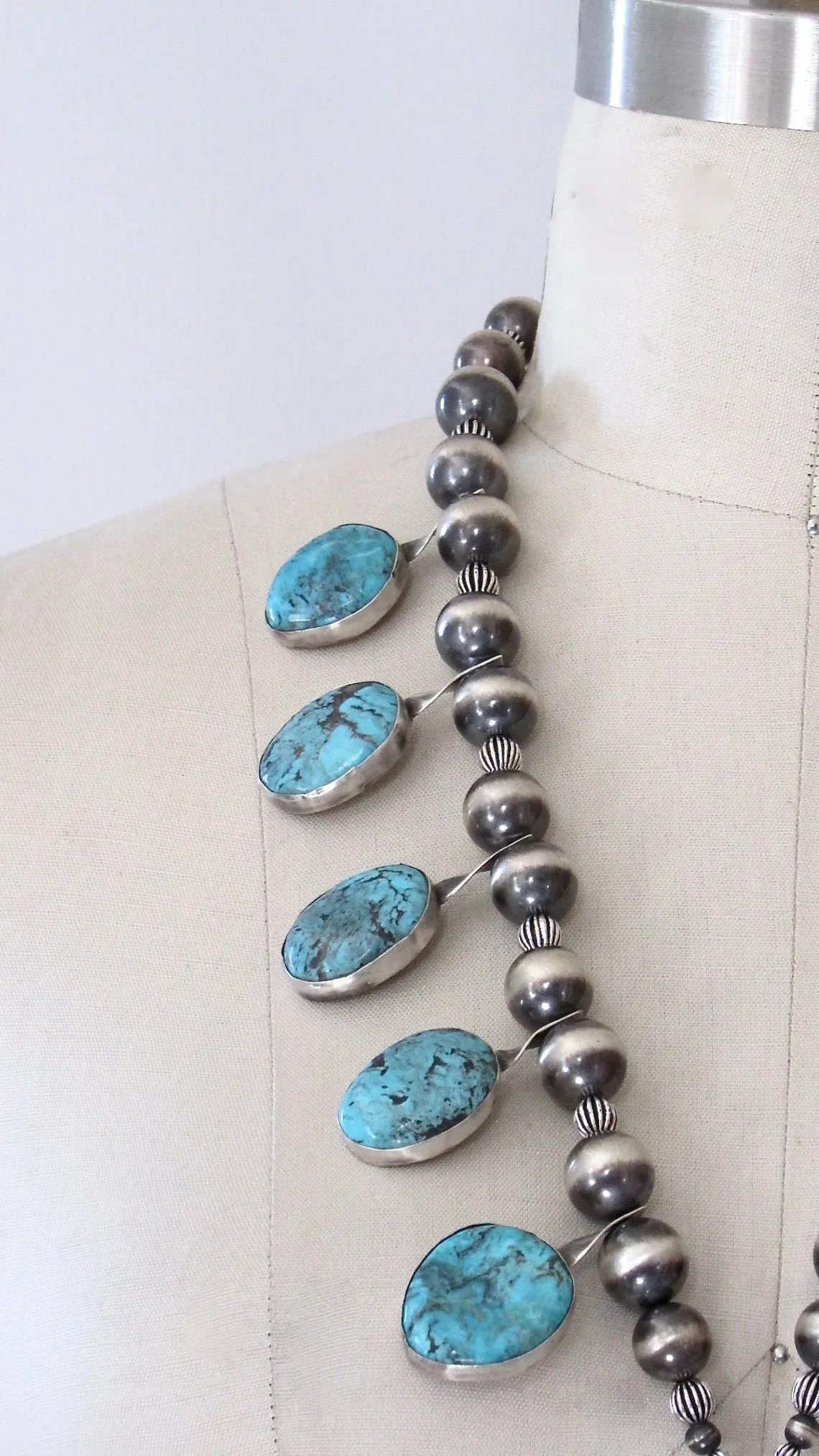 CHIMNEY BUTTE Navajo Silver and Turquoise Squash Blossom Necklace