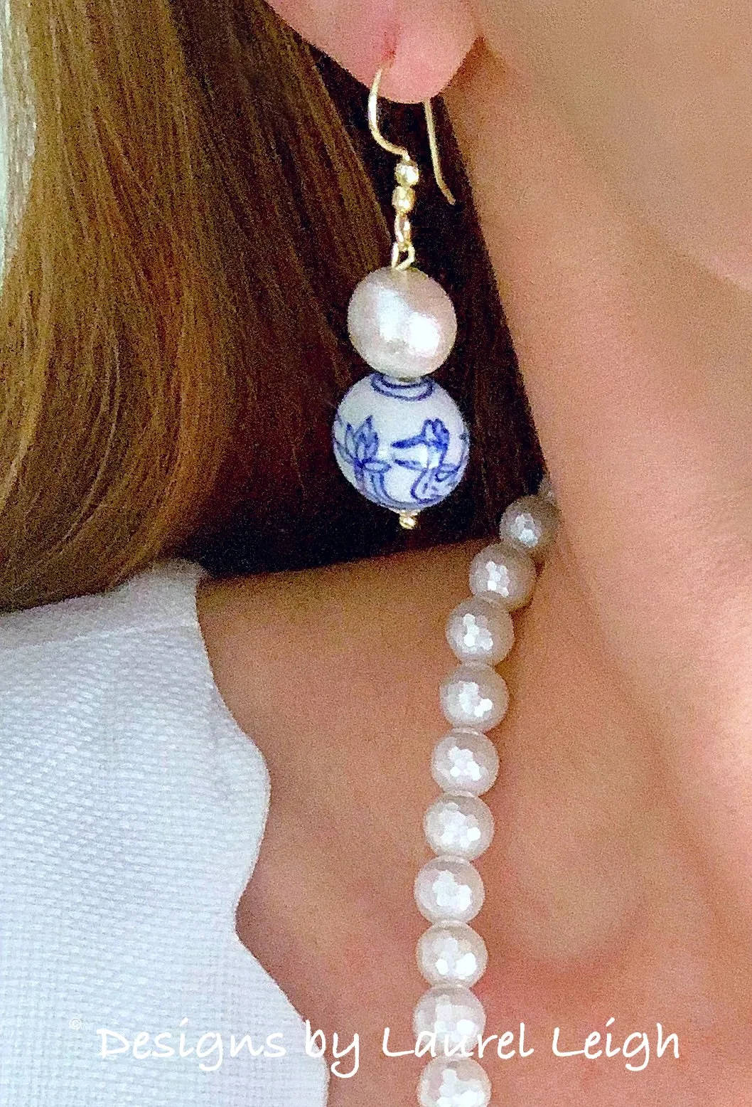 Chinoiserie Pearl/Bird Drop Earrings - Gold/Silver