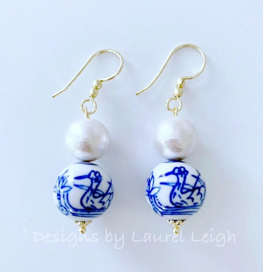 Chinoiserie Pearl/Bird Drop Earrings - Gold/Silver