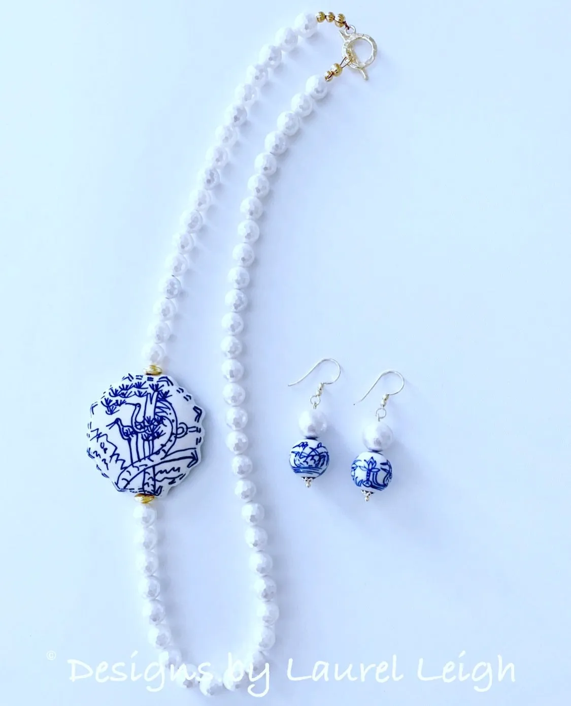 Chinoiserie Pearl/Bird Drop Earrings - Gold/Silver